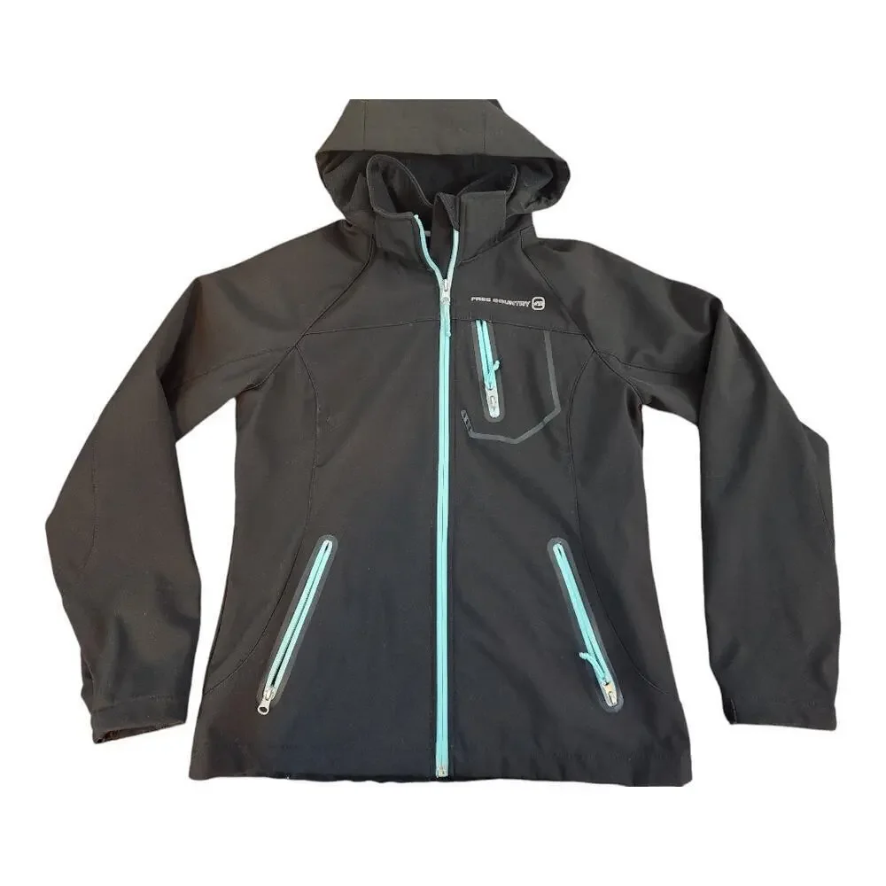 Free Country womens sz small black‎ with blue trim zip jacket with hood